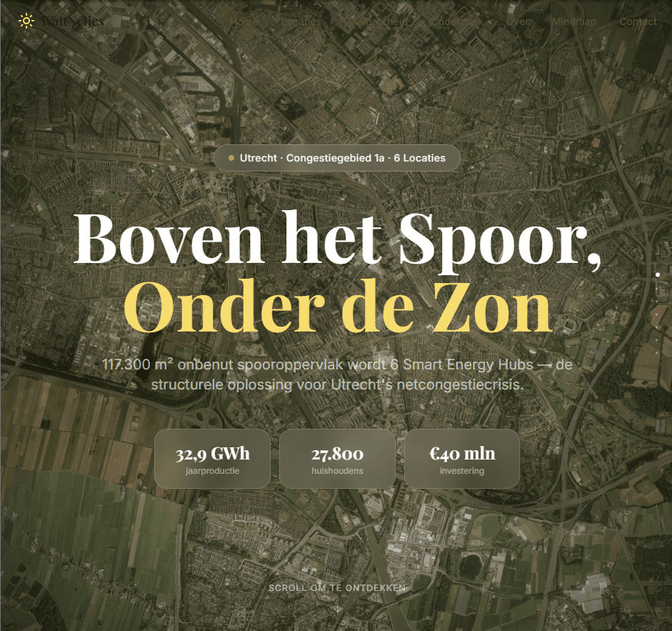 Visual hero de WattNetjes con una imagen satelital de Utrecht y estadísticas energéticas.